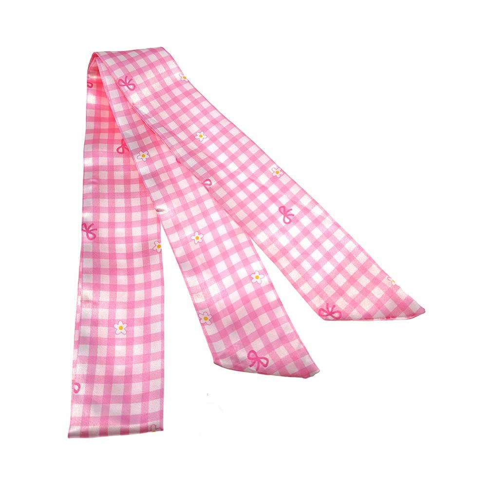 Silky Feel Bow Accent Checkered Pattern Print Twilly Bag Neck Scarves