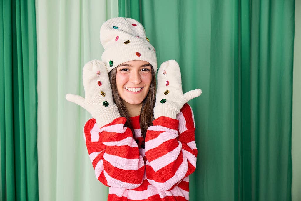 Snow Cute Sparkle Beanie and Mittens  Set