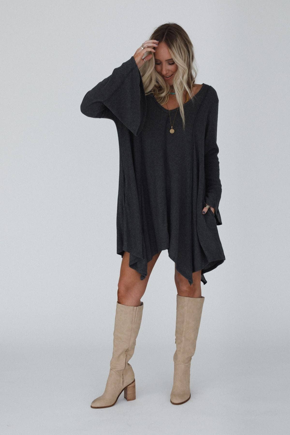 Golden Hour Long Bell Sleeve Tunic Dress - Charcoal: