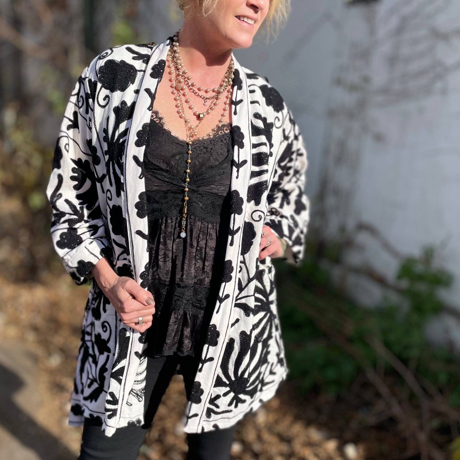 Suzani Hand Embroidered Jacket- Black and White: One size