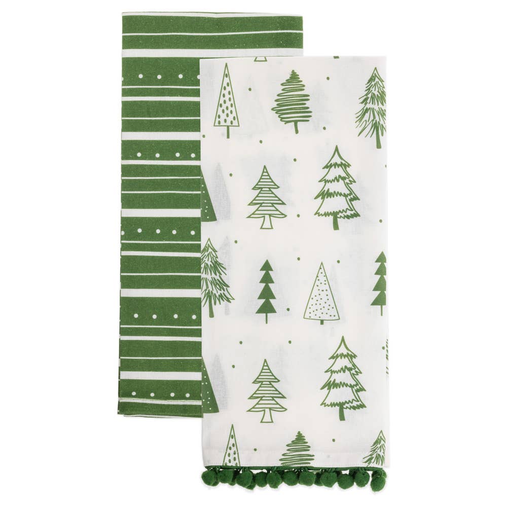 Green Trees &amp; Stripes Tea Towels S/2 Christmas