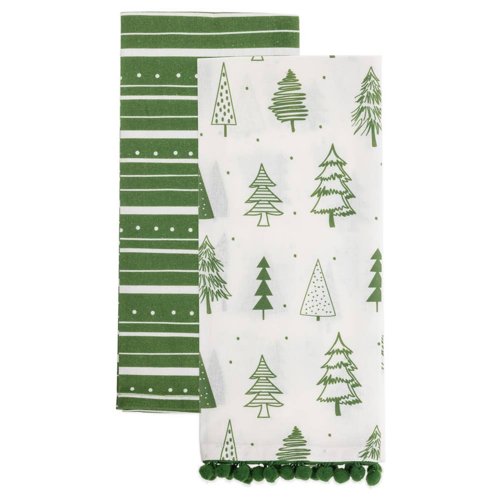 Green Trees & Stripes Tea Towels S/2 Christmas