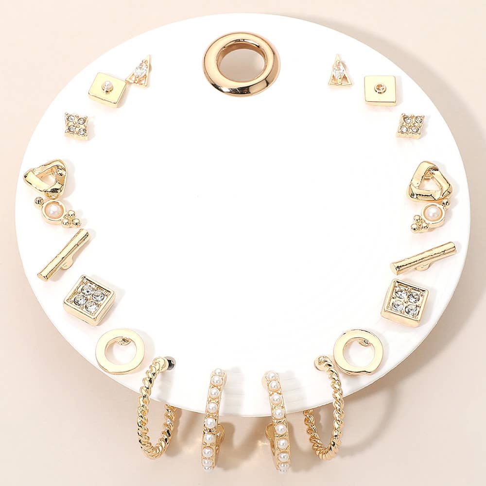 10Pairs - Geometric Crystal Pearl Accent Stud Hoop Earring Set