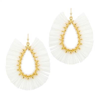 White Raffia with Gold Teardrop 2" Earring