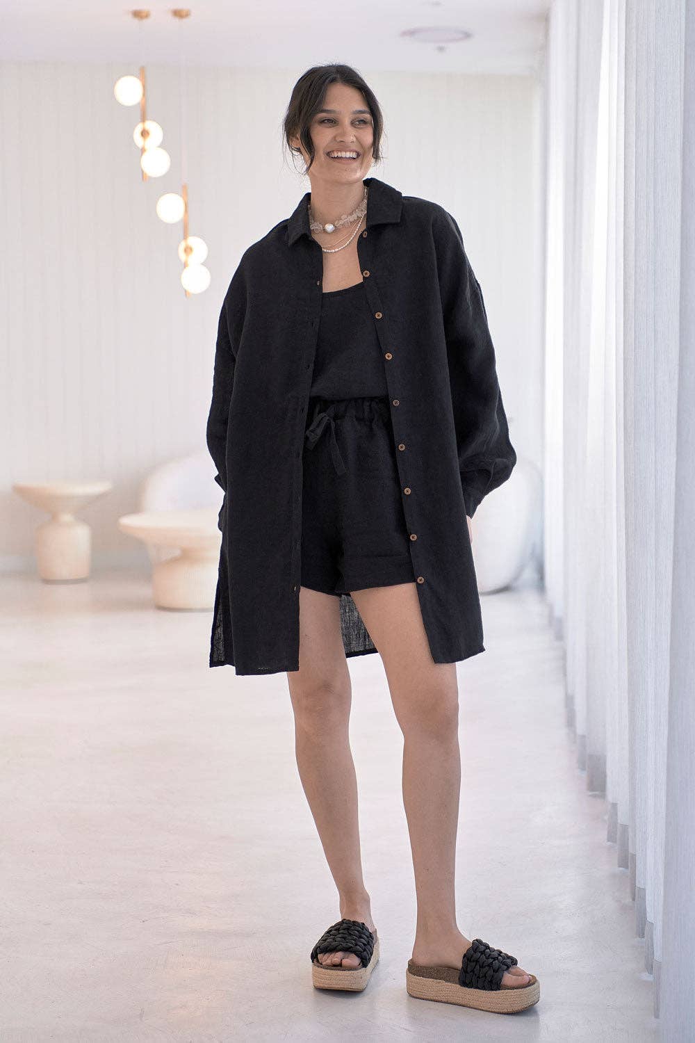 Linen Shift Dress - Black: Black / M/L