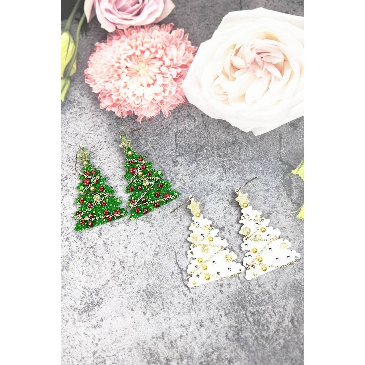 ACRYLIC CHRISTMAS TREE GLITTER HOOK EARRING: GREEN