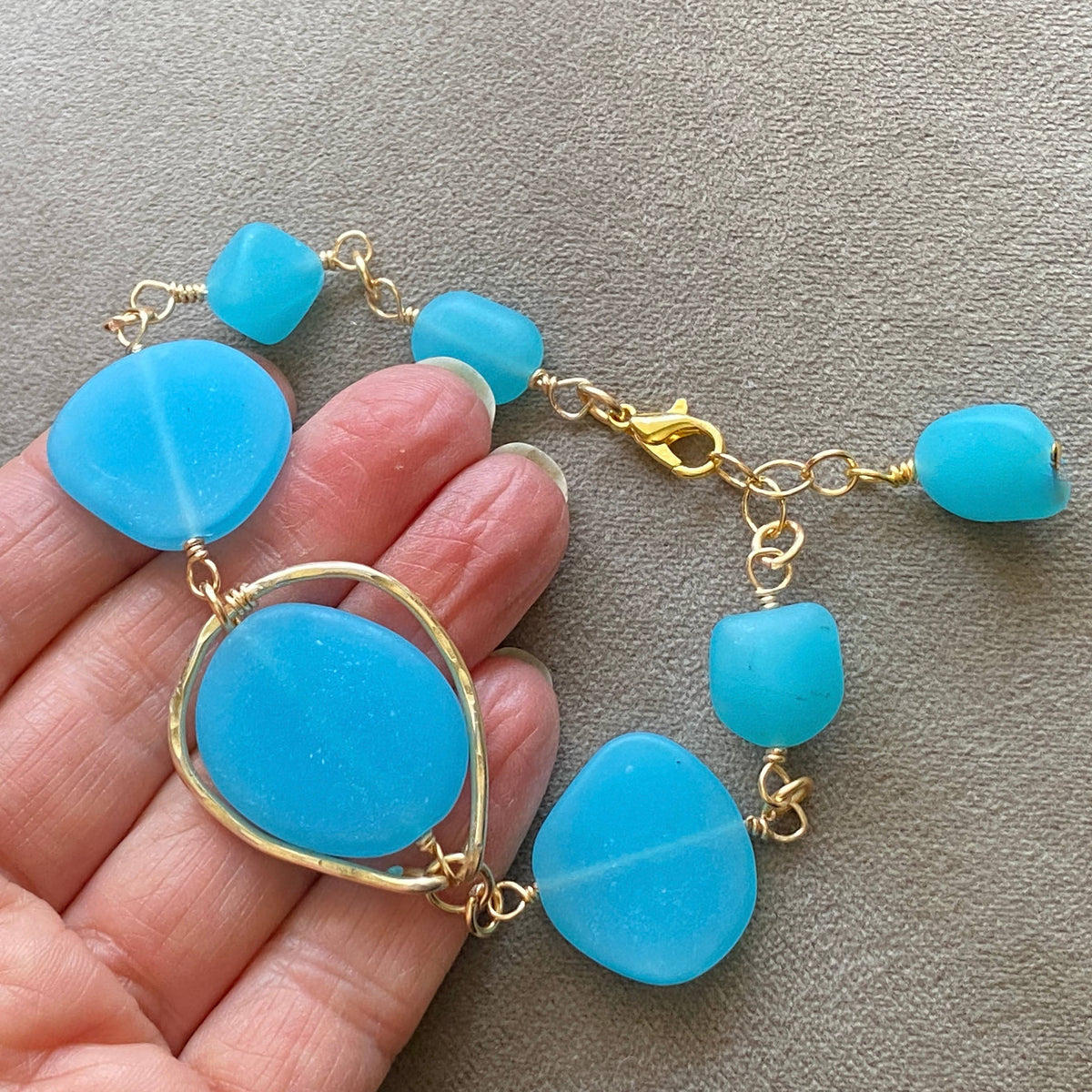 Gold Hammered Frame Bracelet Blue Frosted Glass Matte