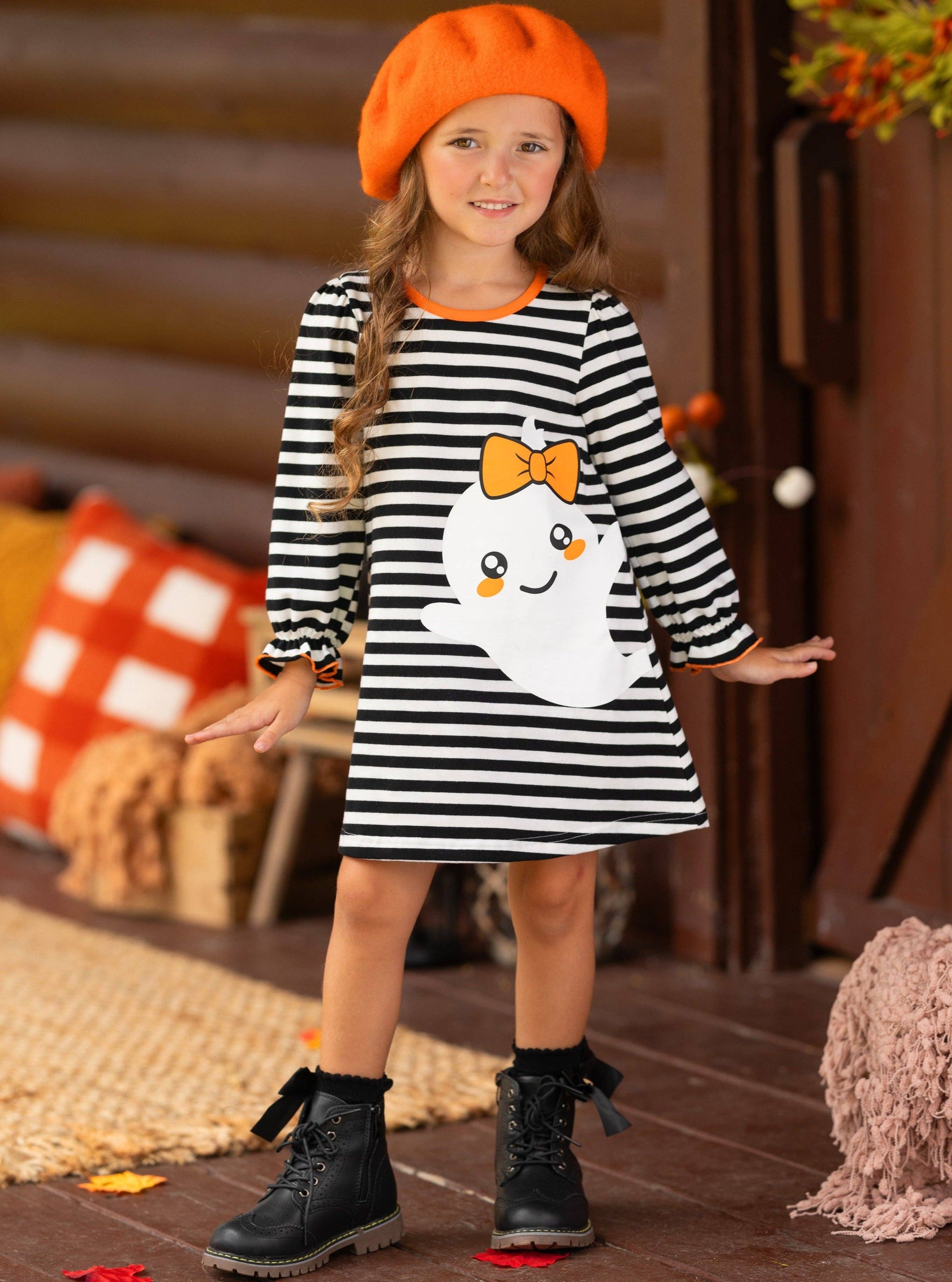 My Friendly Ghost Striped Halloween Dress: Black