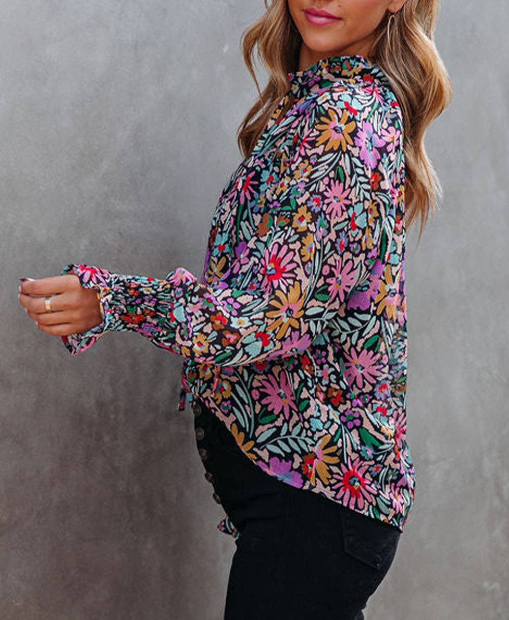 Floral Print Ruffled Long Sleeve V-Neck Blouse: Multicolor