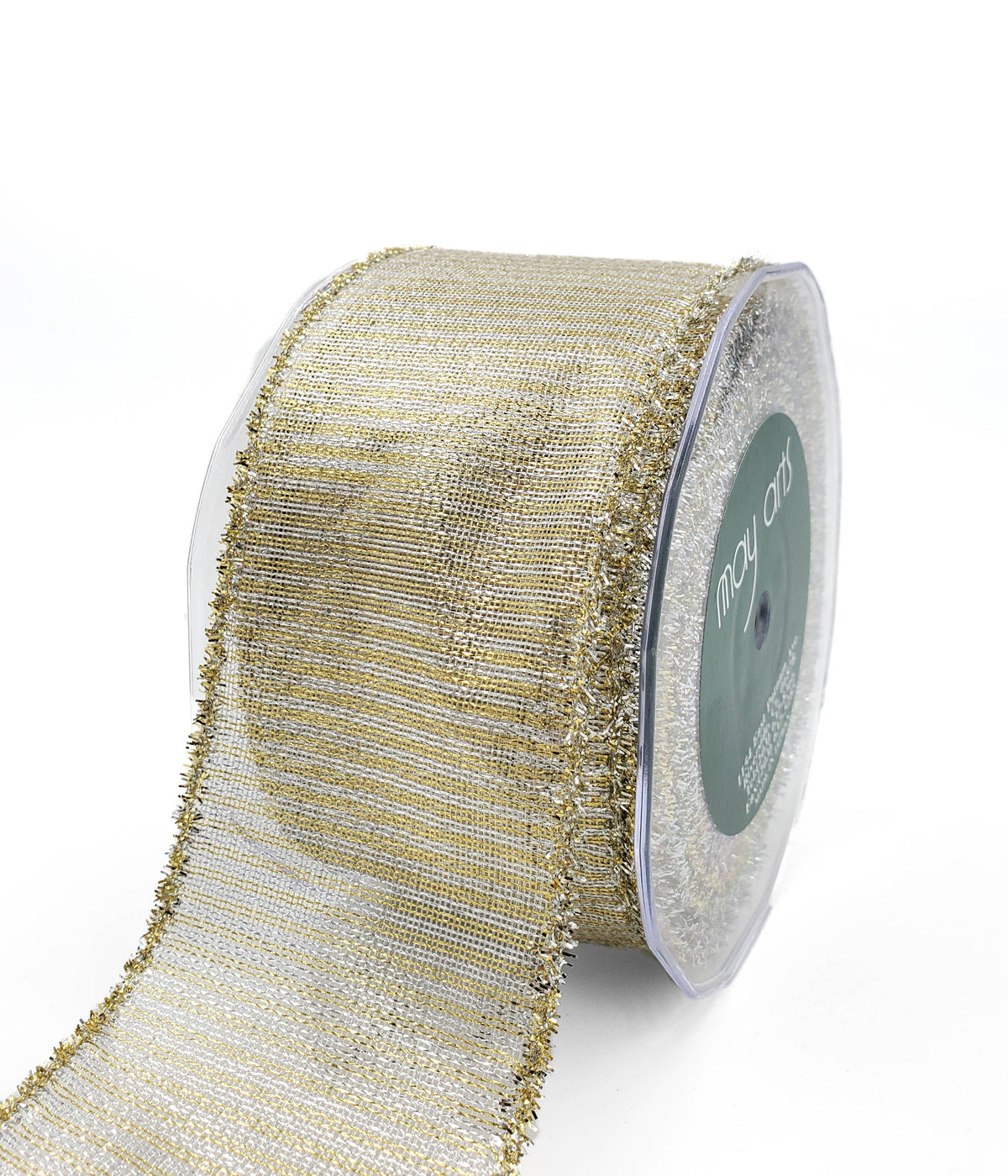 Silver &amp; Gold Wired Metallic Striped Ribbon with Tinsel Edge: 1.5"