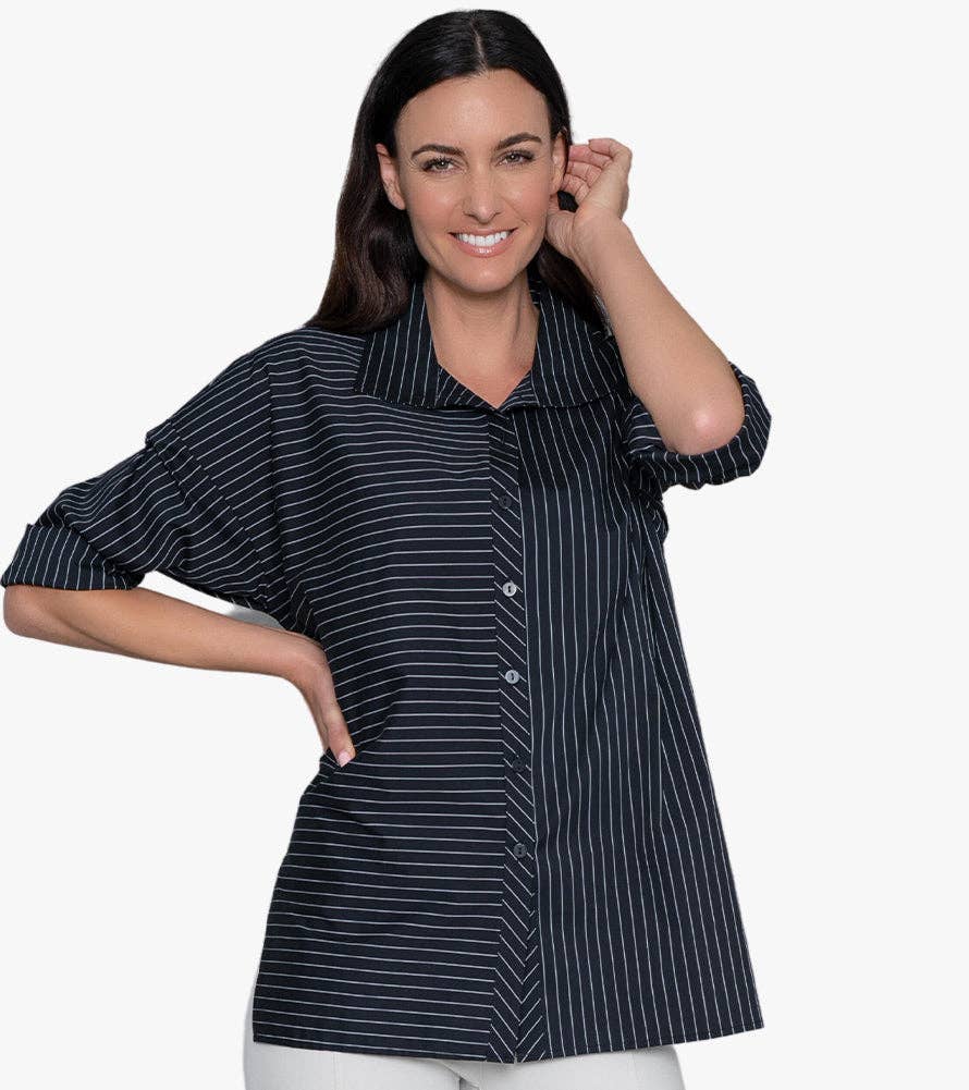 Women's Oversized Stripe Button-Front Top Attitude Shirt: L/XL / BLACK YARN DYE STRIPE