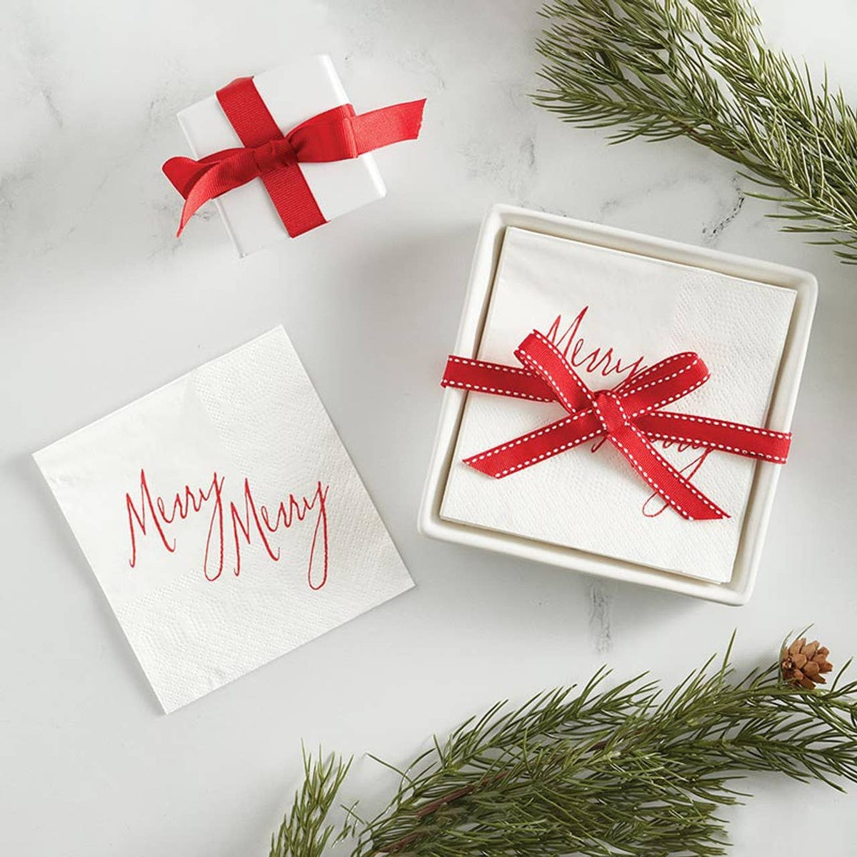 Face to Face Ceramic Napkin Tray + Napkins - Merry Merry: Spot Clean Only / Ceramic, Paper, Fabric