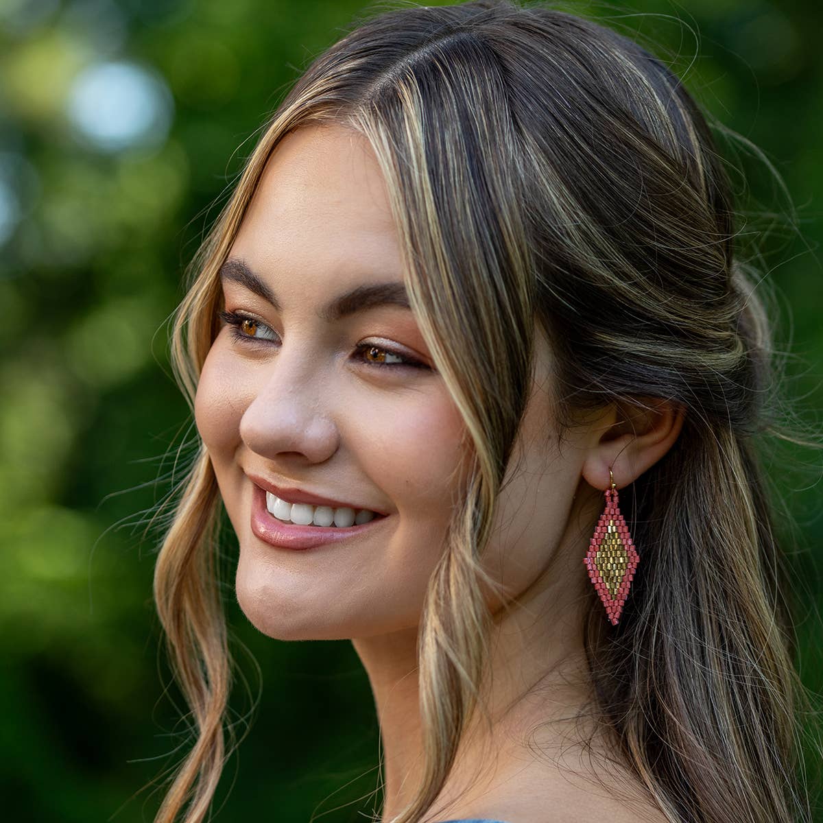 Seed Bead Diamond Shaped Earrings - Multiple Color Styles: Mustard &amp; Gold