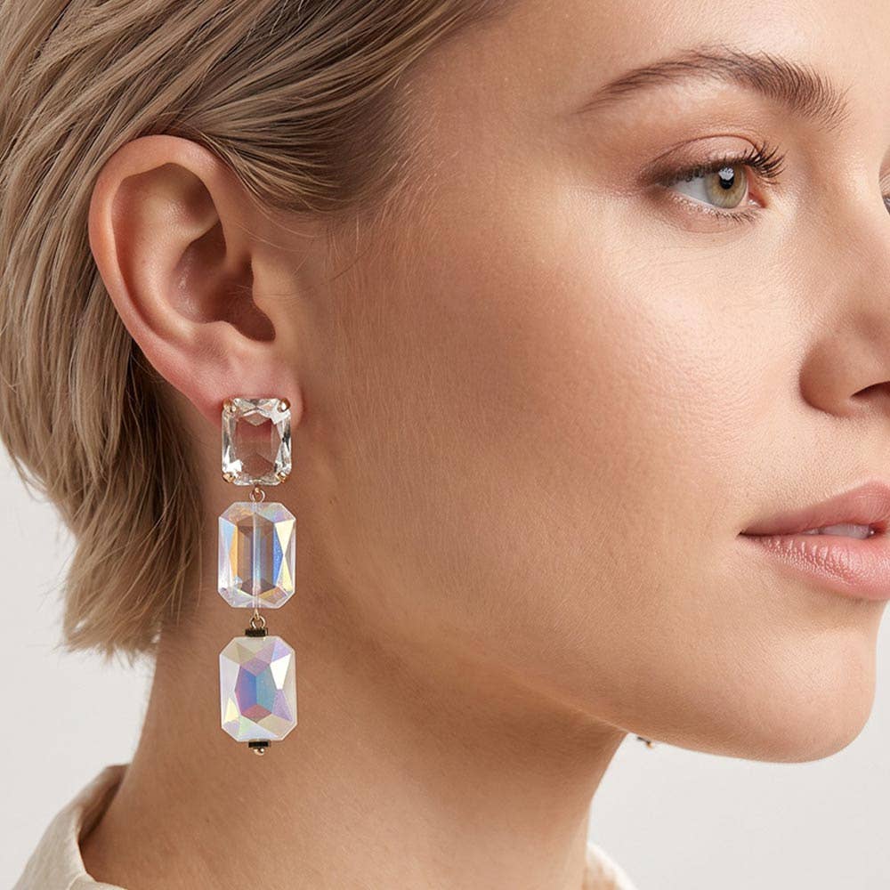 SECRET BOX_Geuine Gold Dipped Triple Rectangle Stone Link Drop Statement Earrings