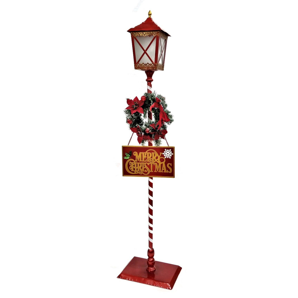 59" Tall Standing Iron Lantern with LED Lights and Wreath
