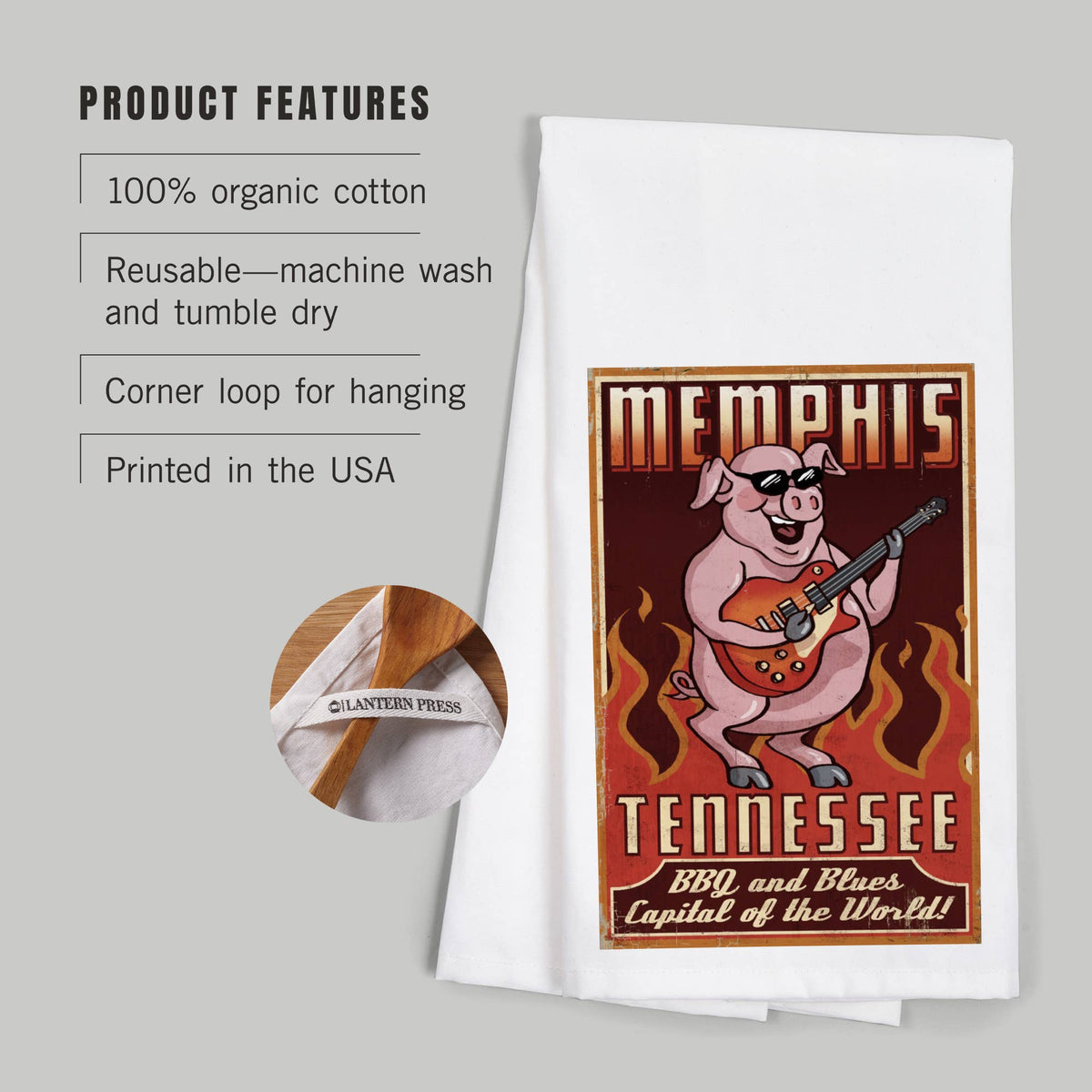 ORGANIC TEA TOWEL Memphis, Tennesseee, Guitar Pig