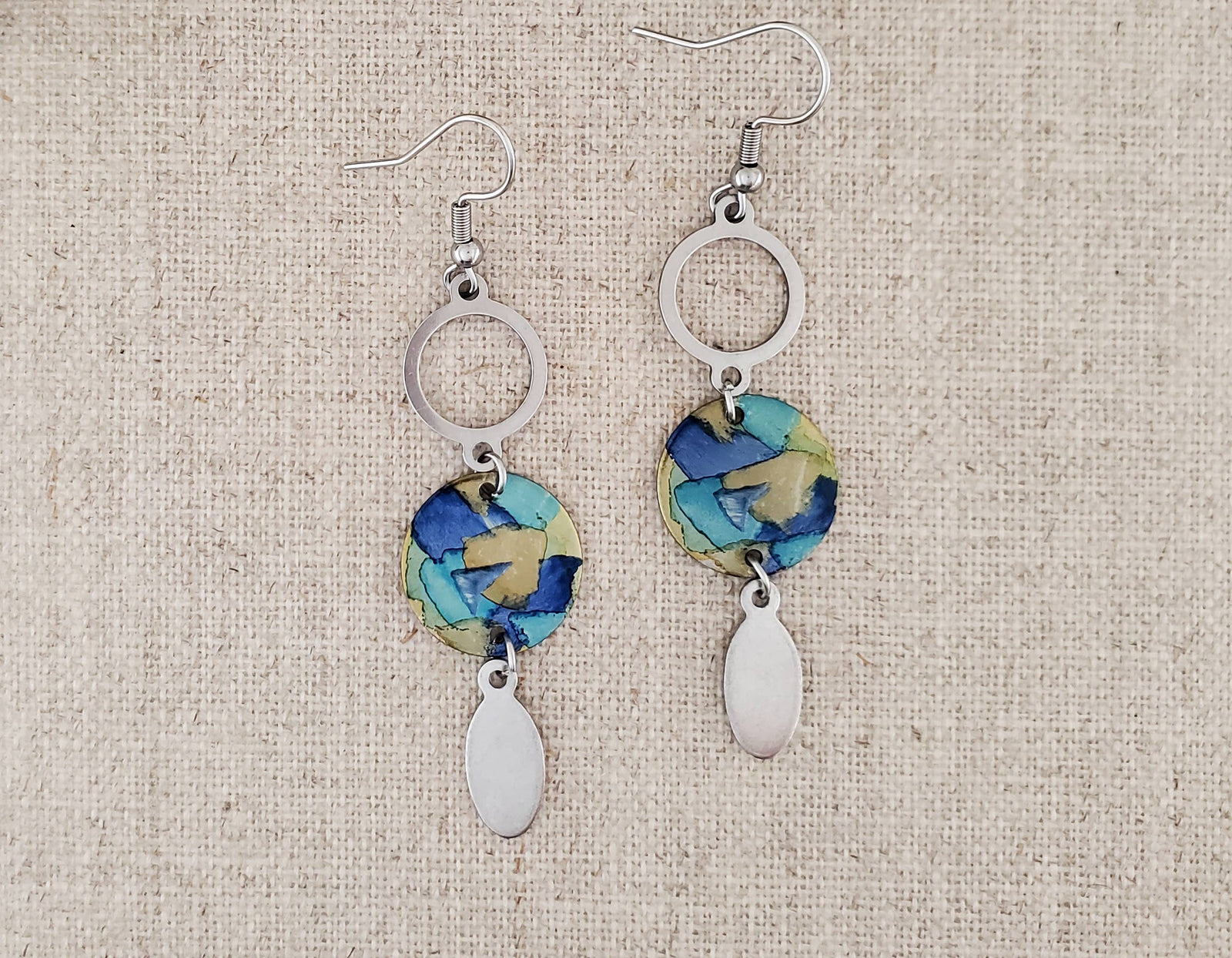 Alcohol Ink Stainless Steel Double Circle Drop Earrings