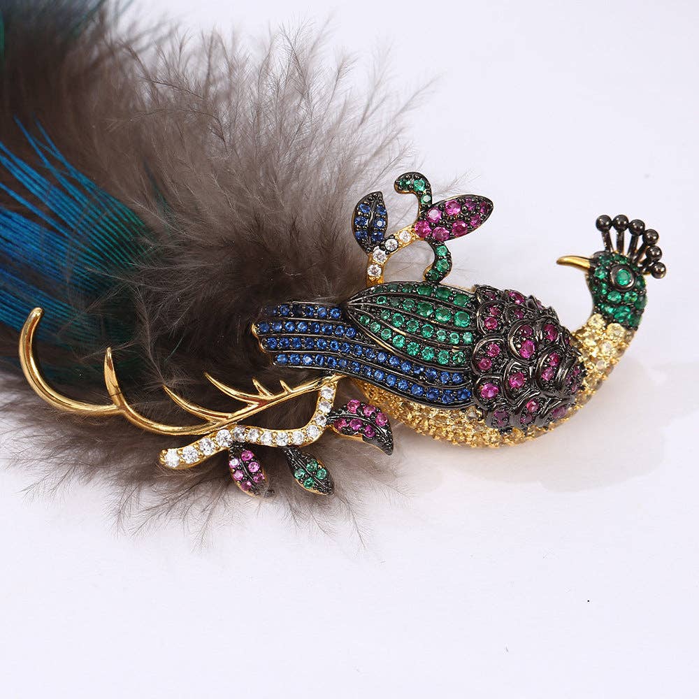 Rhinestone Feather Peacock Brooch