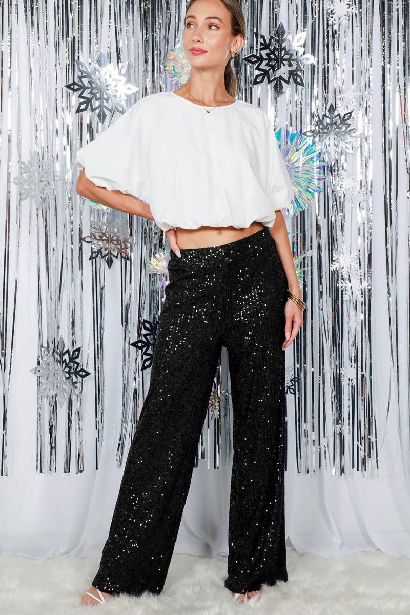 Sequined Straight Wide-Leg Pants Black