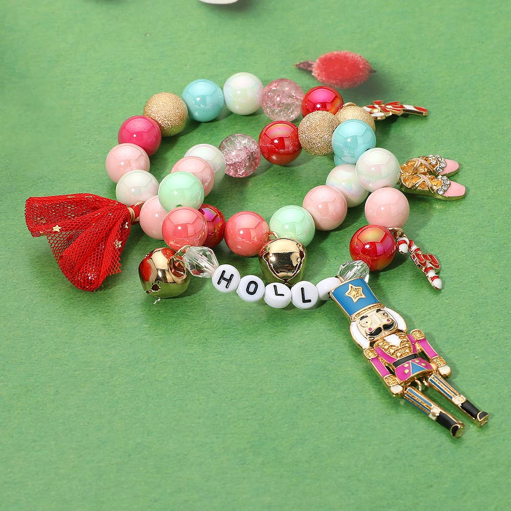 2PCS - HOLLY Nutcracker Holiday Charm Bow Beaded Stretch Multi Layered Bracelets