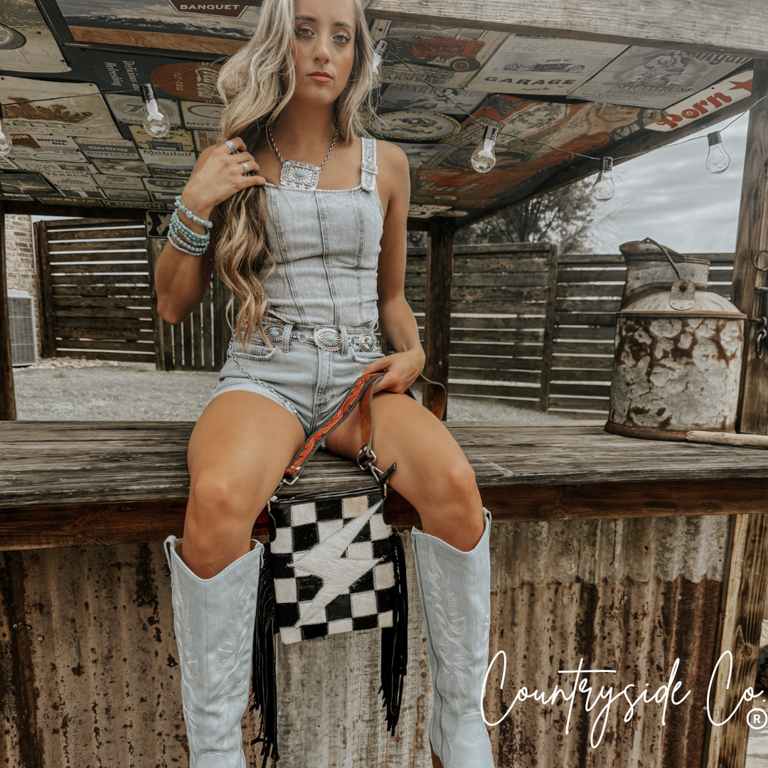 Grit &amp; Glam Checkered Cowhide Purse, Tooled Leather Strap