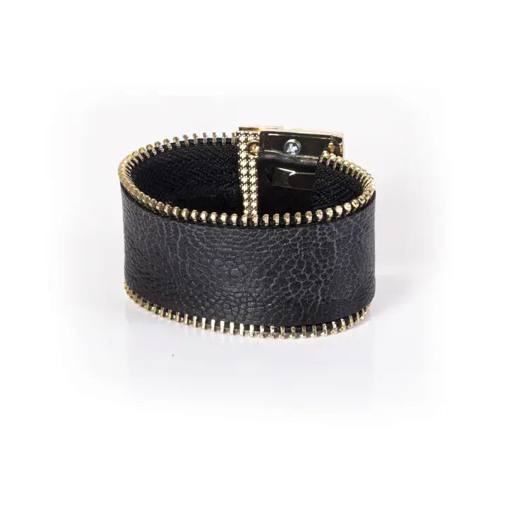 Bold Zip-Edge Leather Cuff Bracelet  Black &amp; Gold Hardware