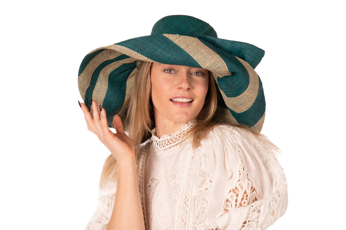 Audrey 5" Wide Brim Big Bow Stripe Straw Sun Hats