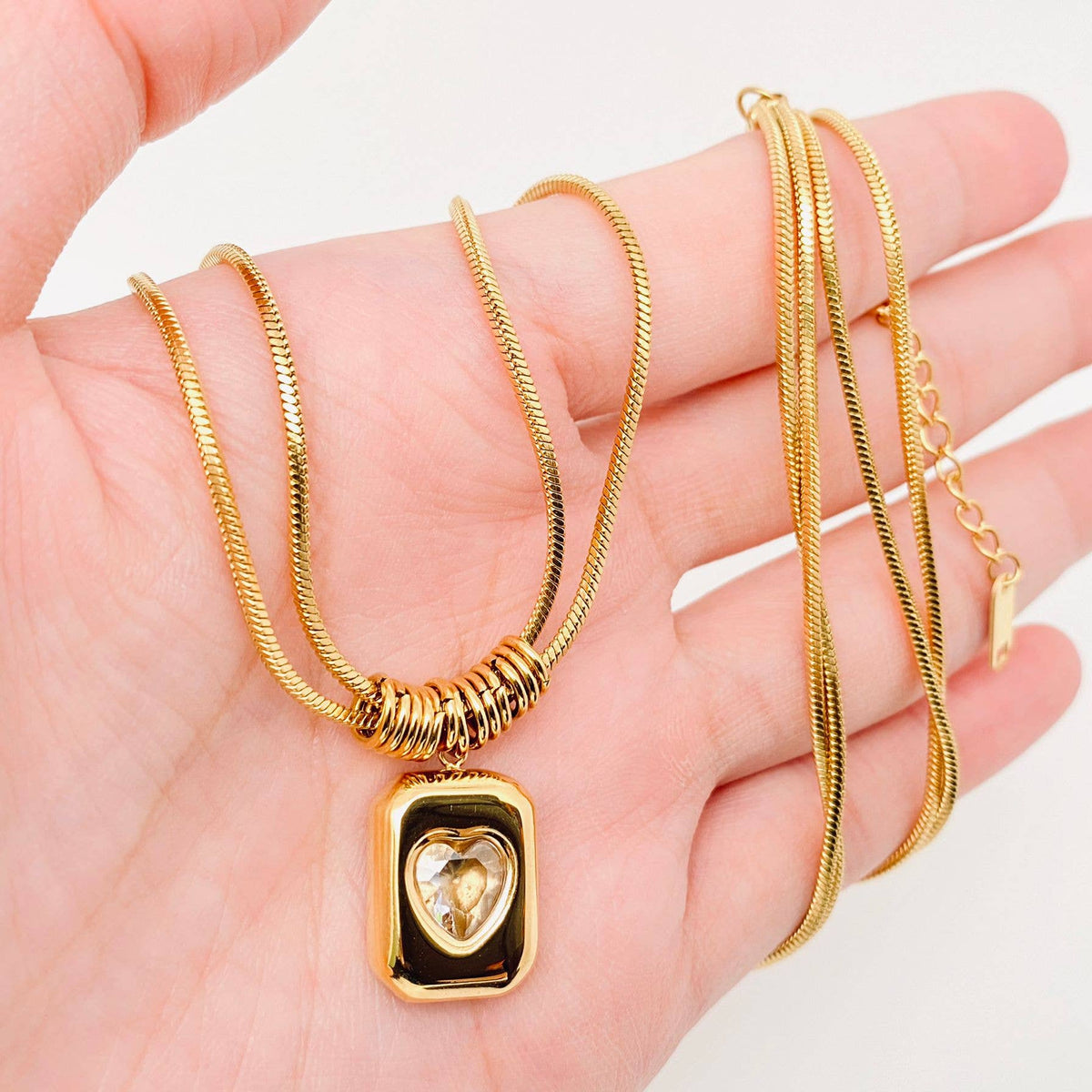 Heart Shape Gemstone 18K Gold Plated Double Chain Necklace