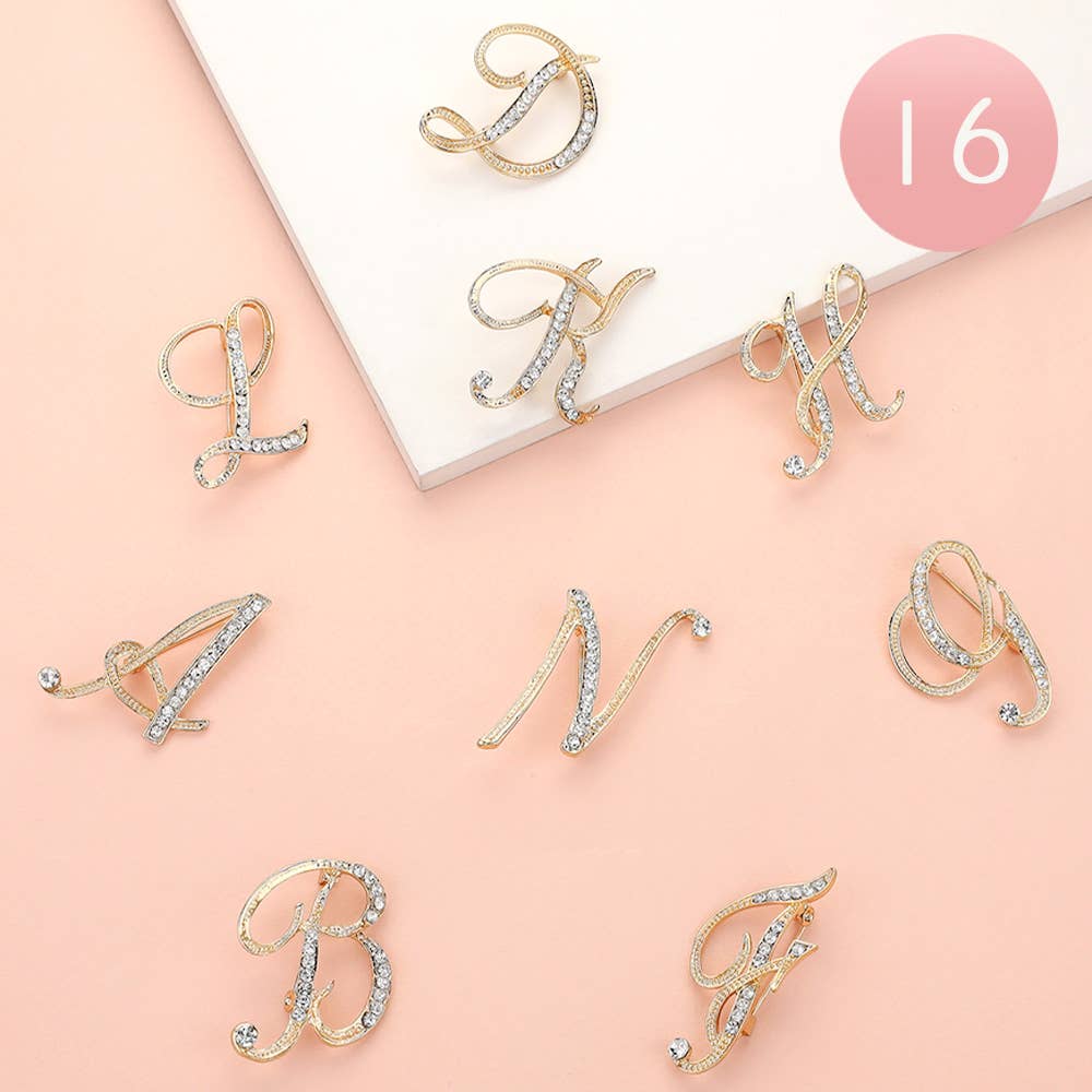 Stone Paved Monogram Initial Letter Pin Brooches