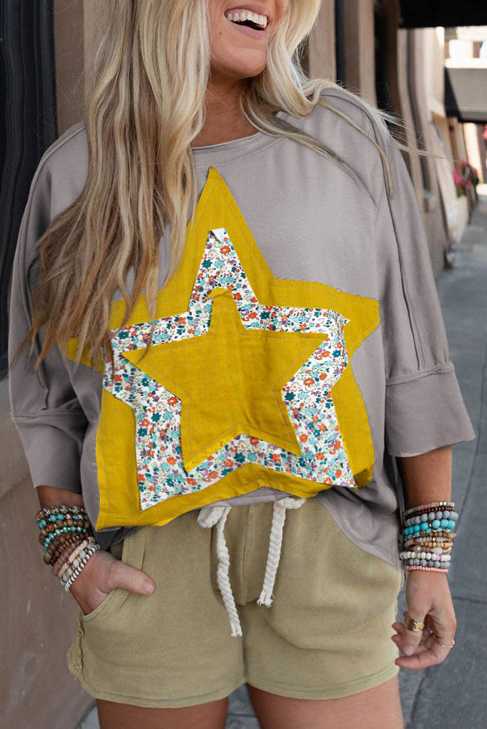 Floral Star Patched Pattern 3/4 Sleeve Plus Size Top