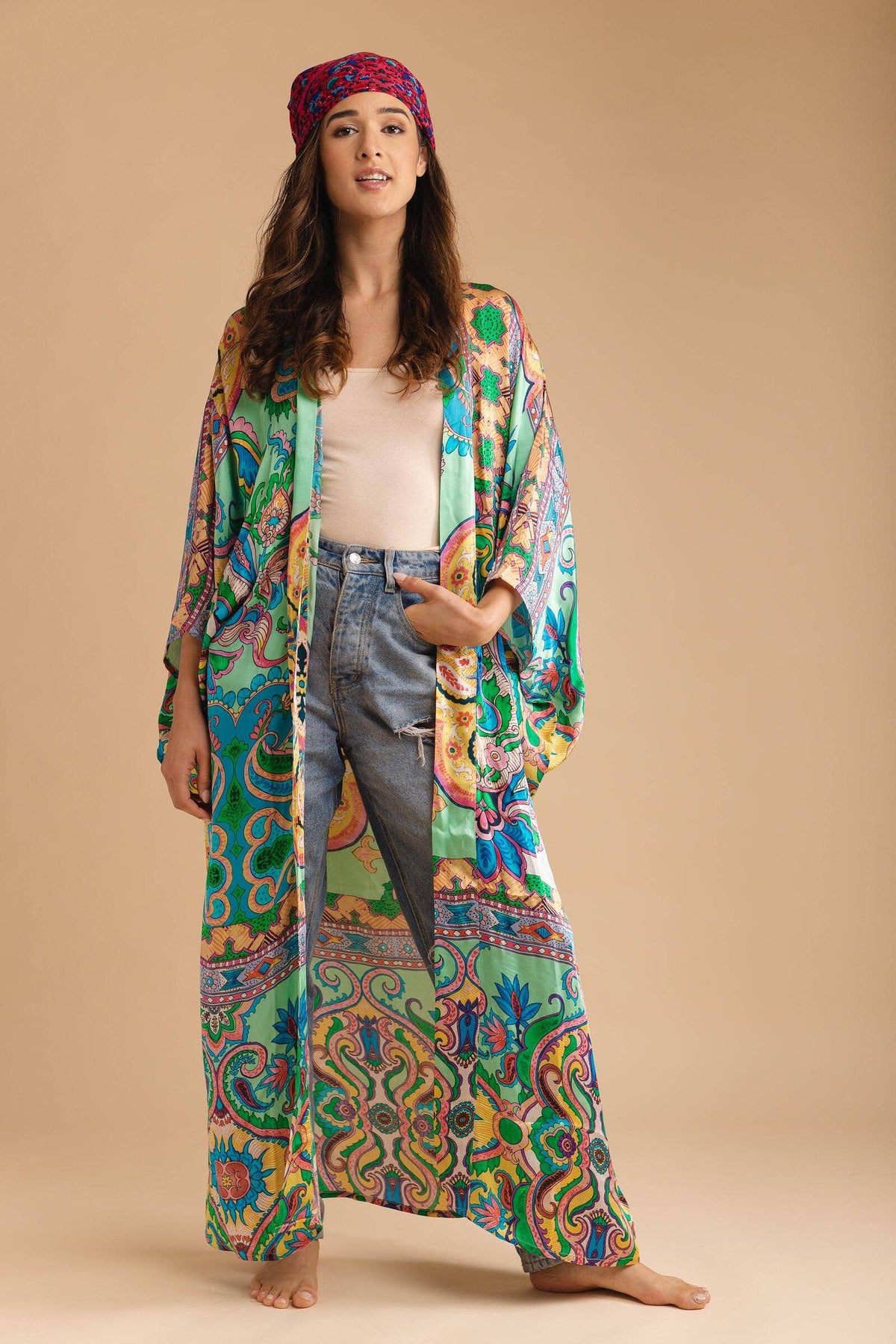 Margo Multi Paisley Print Kimono: Green
