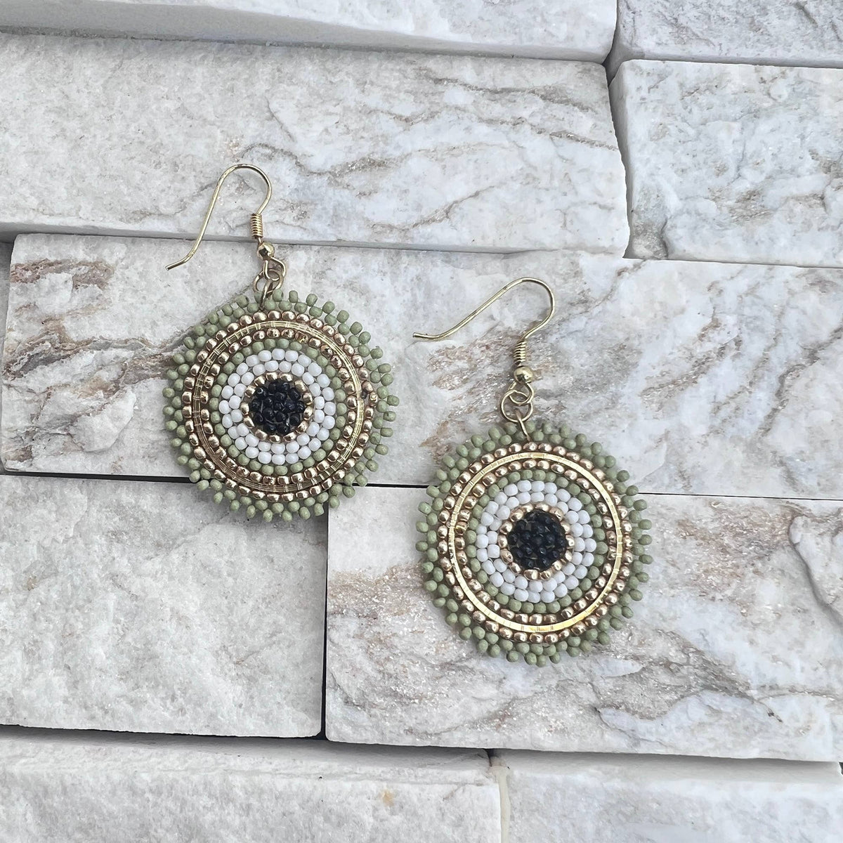Seed Bead Color Circle Earrings - Multiple Color Styles: Sage &amp; Gold