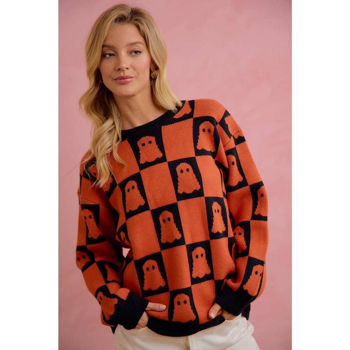 HALLOWEEN GHOST CHECKERBOARD KNIT SWEATER