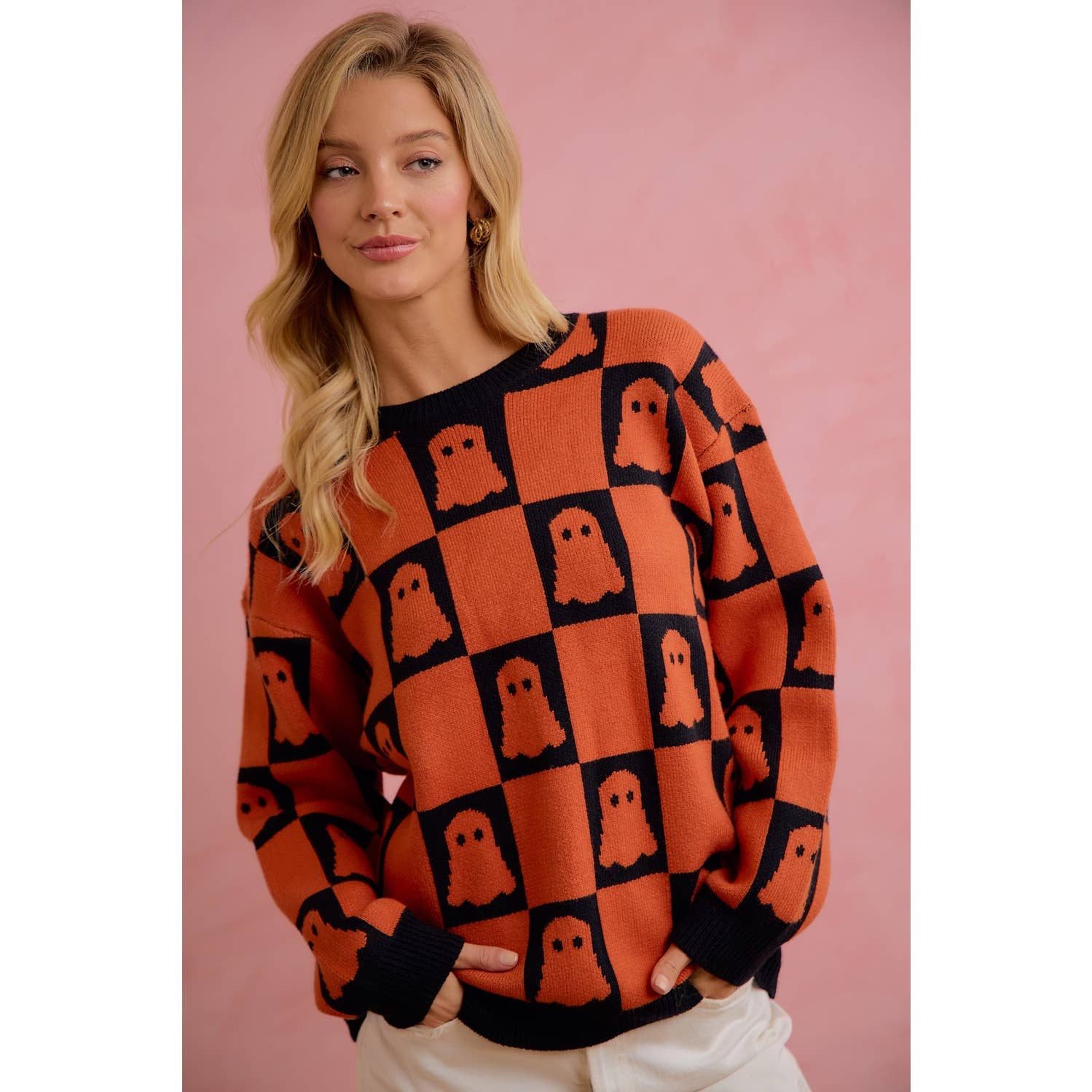 HALLOWEEN GHOST CHECKERBOARD KNIT SWEATER