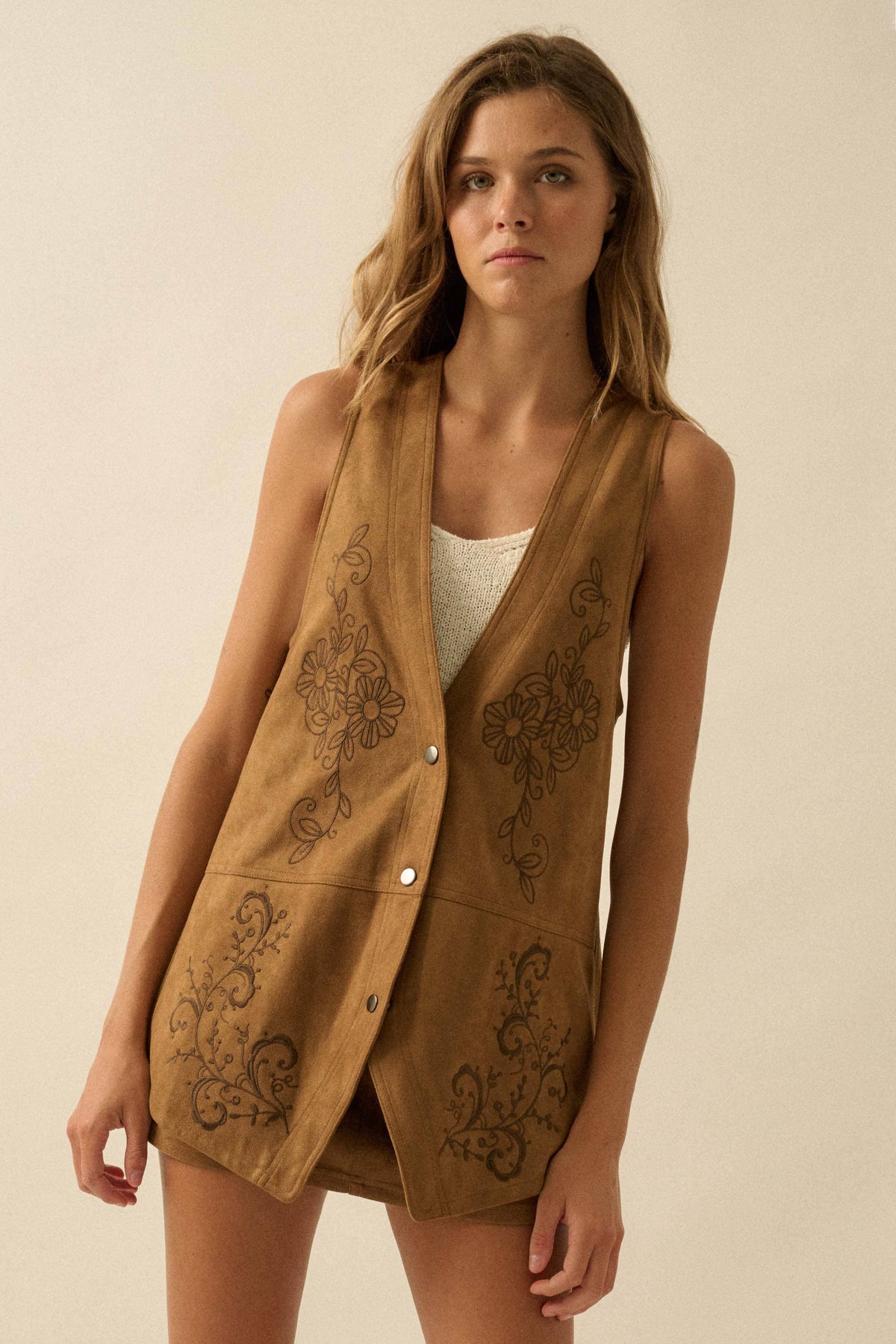 Floral-Embroidered Faux Suede Snap-Front Vest