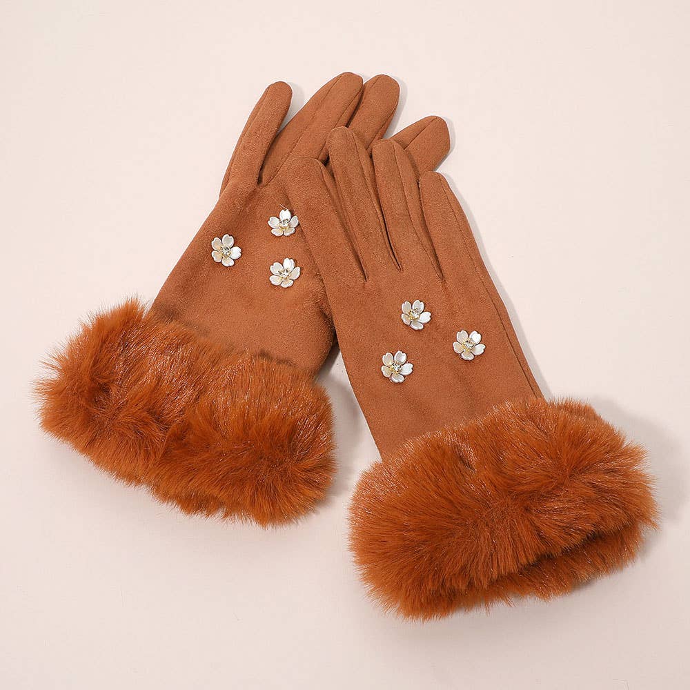 Rhinestone Flower Embellished Faux Fur Cuff Smart Touch Winter Gloves