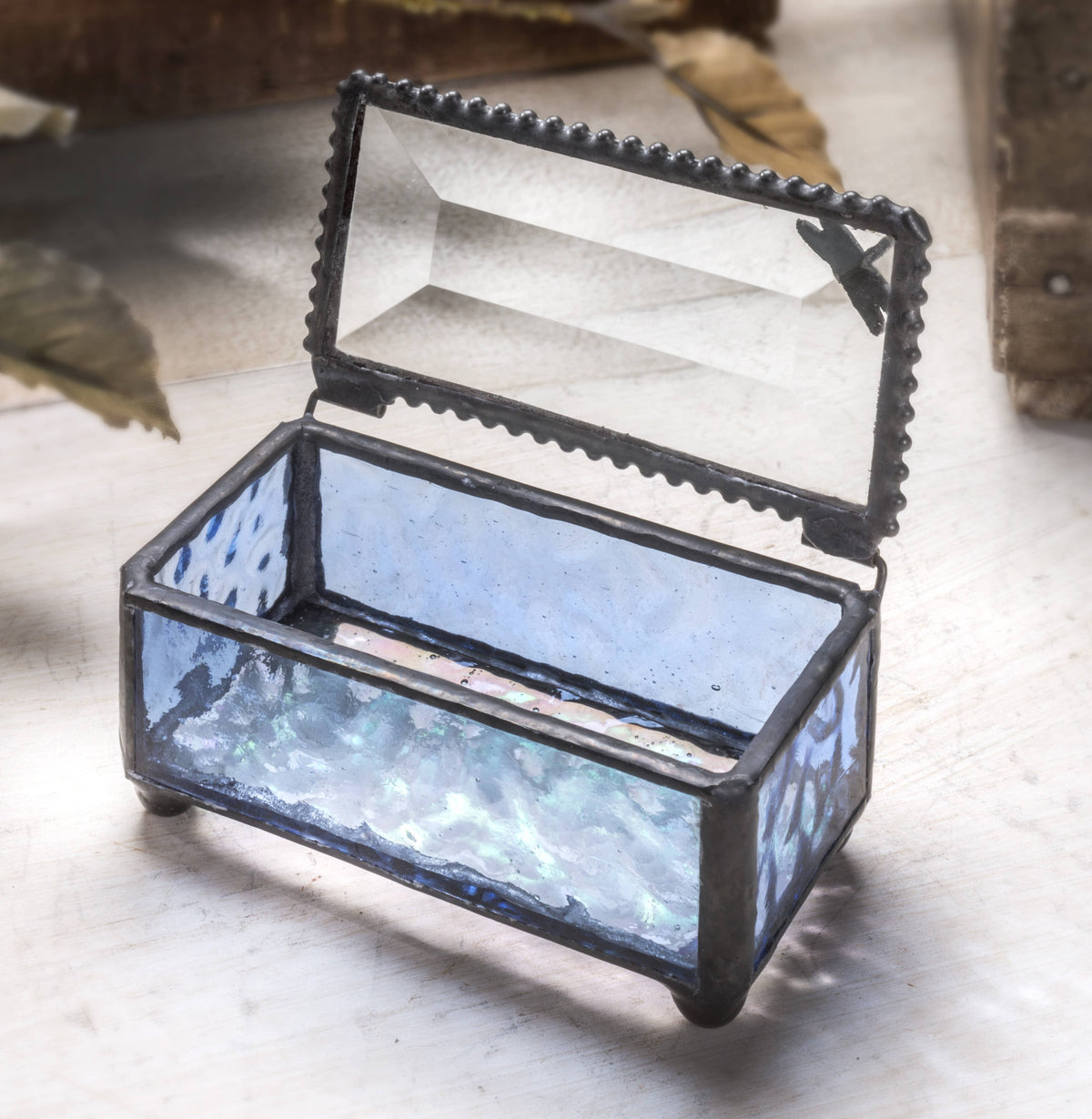 Blue Glass Box with Dragonfly Filigree