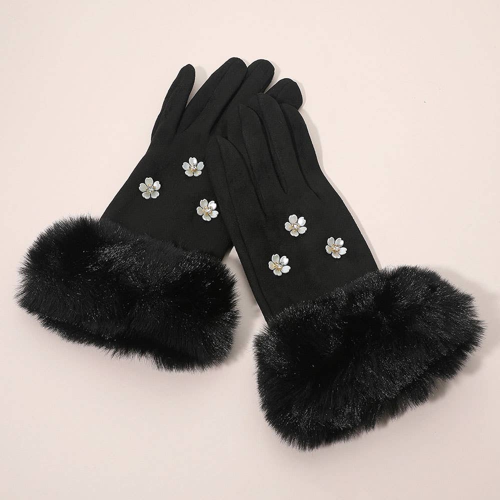Rhinestone Flower Embellished Faux Fur Cuff Smart Touch Winter Gloves