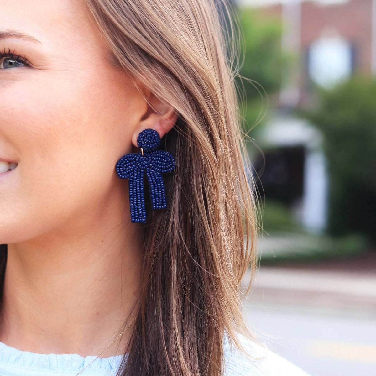 Custom Navy Beaded Bow Earrings