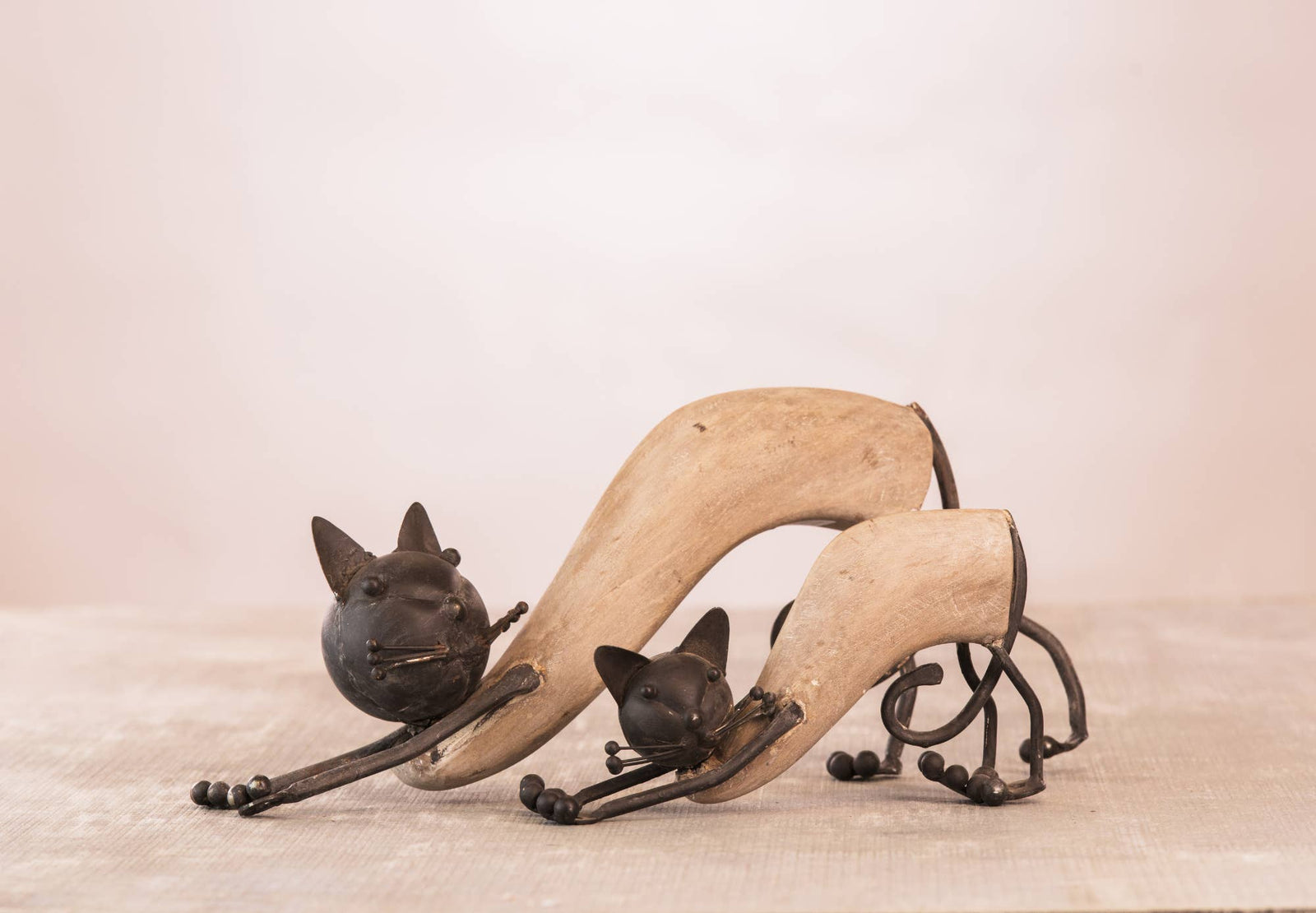 Stretching Cats Pair-solid wood &Iron rustic farmhouse decor
