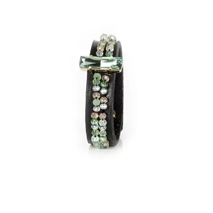 Emerald Crystal Beaded Leather Cuff Bracelet