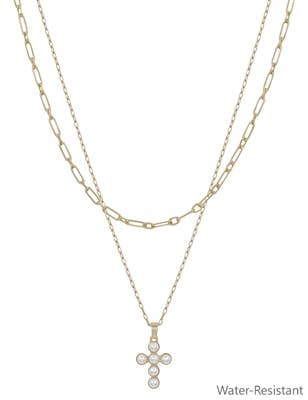 Water Resistant 2 Layered Pearl Cross 16"-18" Necklace