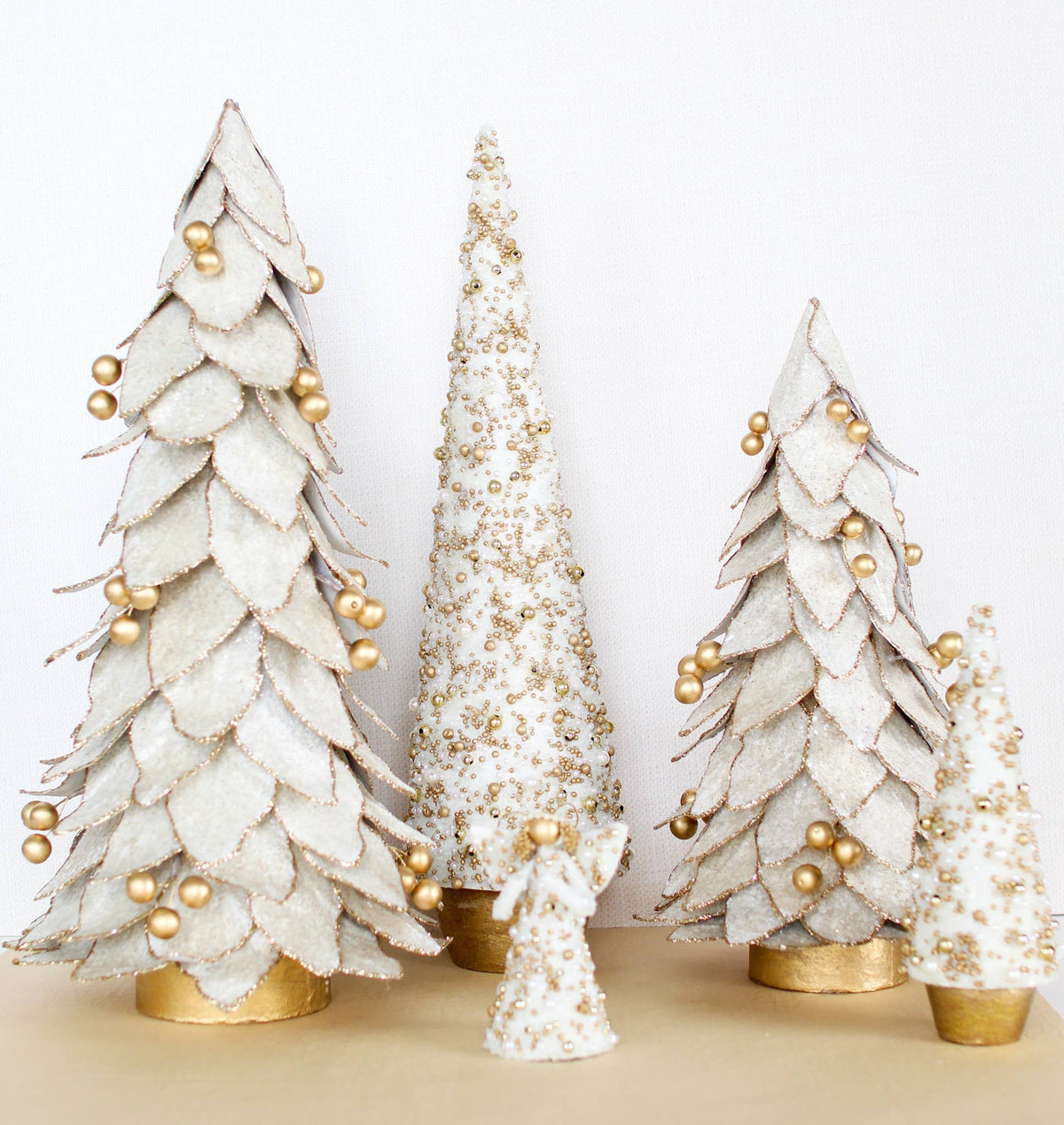 Flocked Kraft Leaf Tree w/Gold Beads (Ecru/Gold): 14"  STUNNING