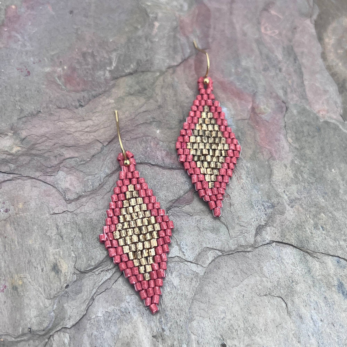 Seed Bead Diamond Shaped Earrings - Multiple Color Styles: Mustard &amp; Gold