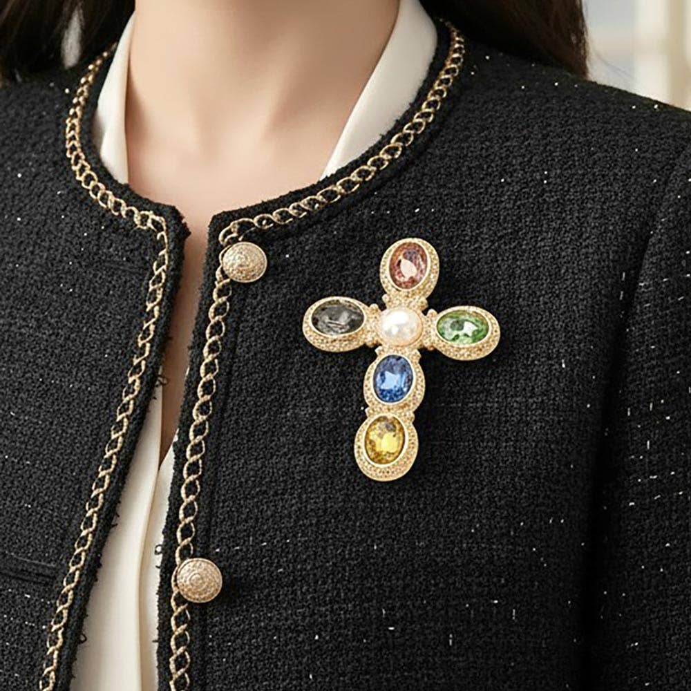 Pearl Oval Stone Vintage Cross Pin Brooch