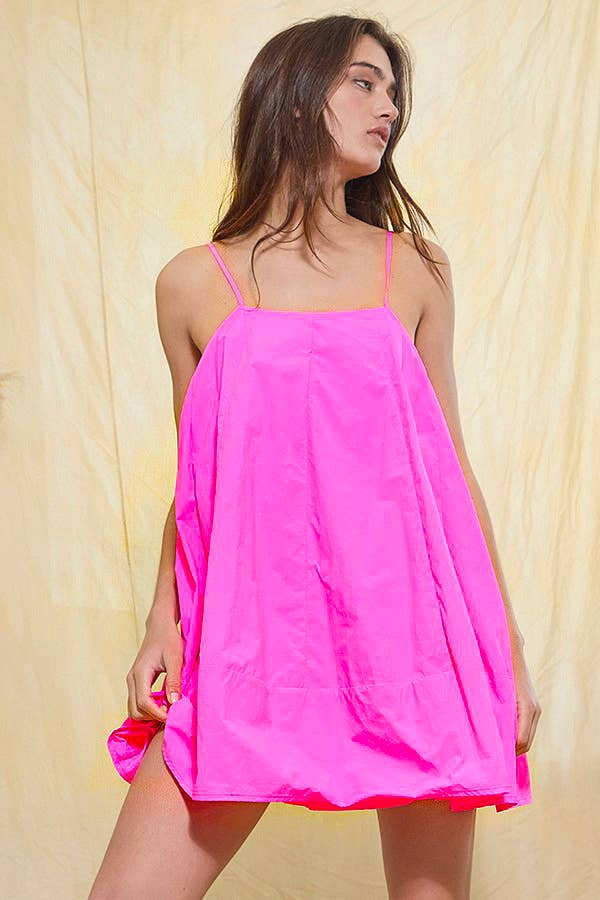 Tie Strap Voluminous Trapeze Mini Dress: Neon pink