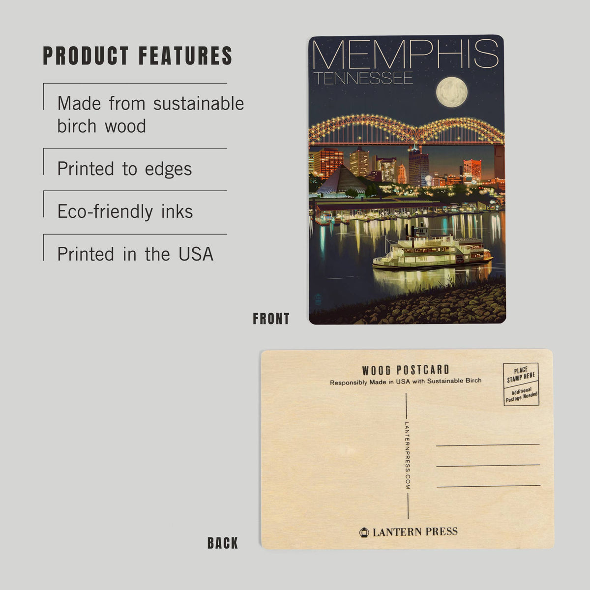 WOOD POSTCARD Memphis, Tennesseee, Skyline at Night