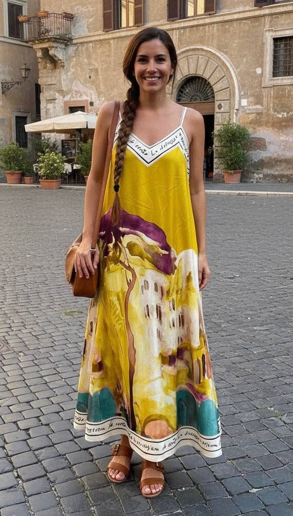 Italian Watercolour Silk Maxi Dress - Lemoncello O/S