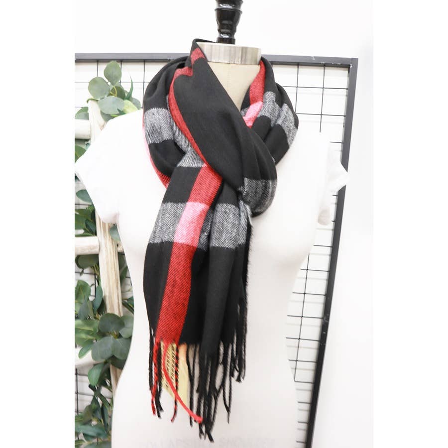 Plaid Cashmere Scarf With Tassel: BLACK