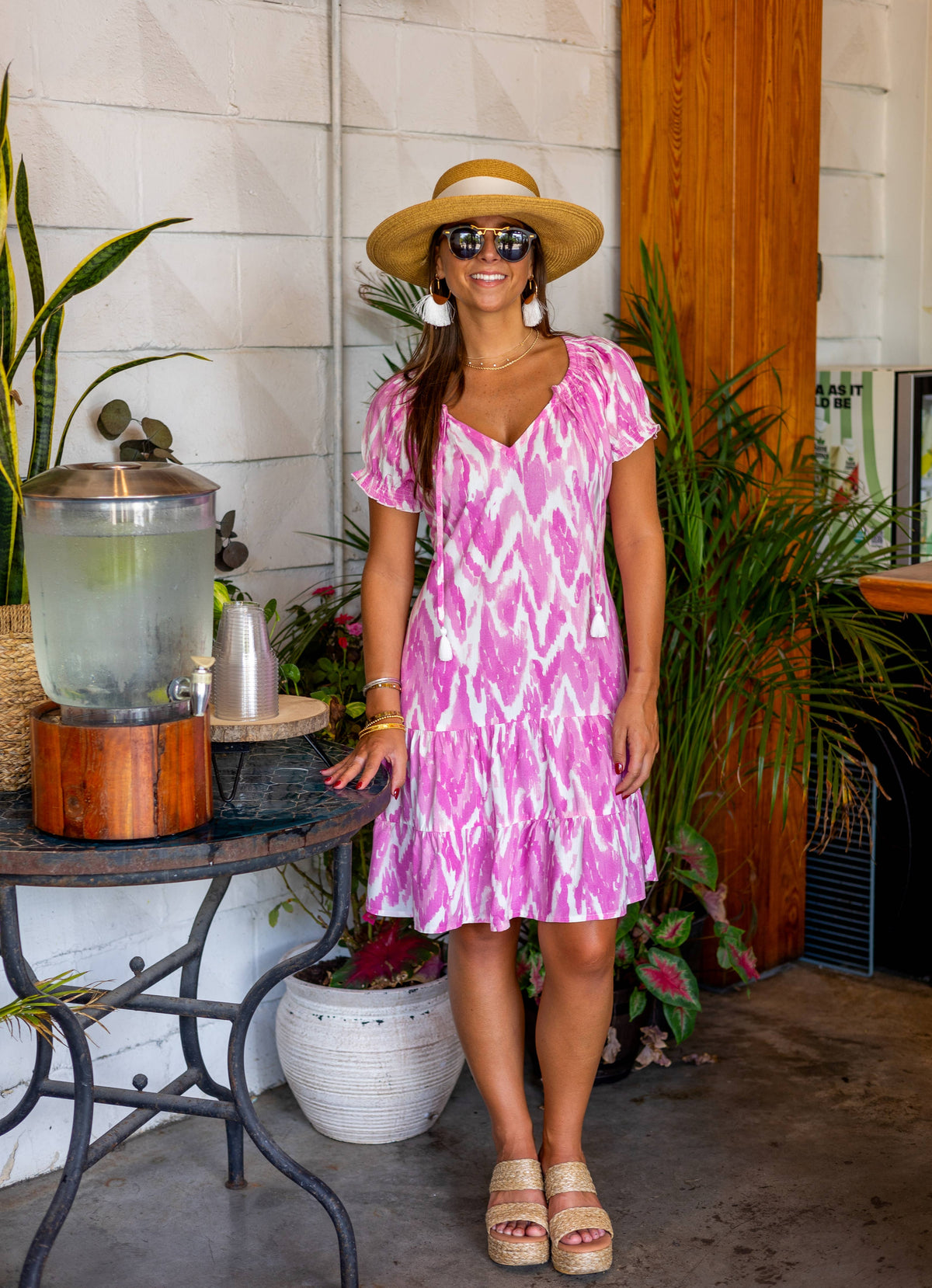 Emily Dress Flounce Rayon Tassel Spring:  Pink Watercolor